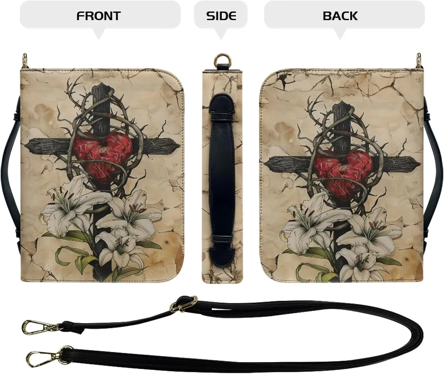 Heart Thorns Cross Womens Bible Covers PU Leather Bible Bag with Shoulder Straps Water Resistant Scripture Bag Case Bible Carrying Case Book Cover Protector for Bible