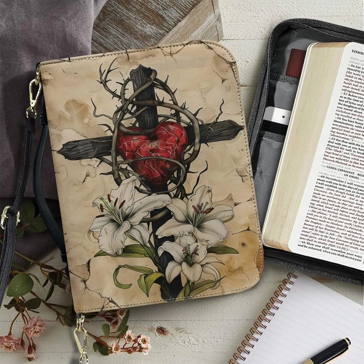 Heart Thorns Cross Womens Bible Covers PU Leather Bible Bag with Shoulder Straps Water Resistant Scripture Bag Case Bible Carrying Case Book Cover Protector for Bible