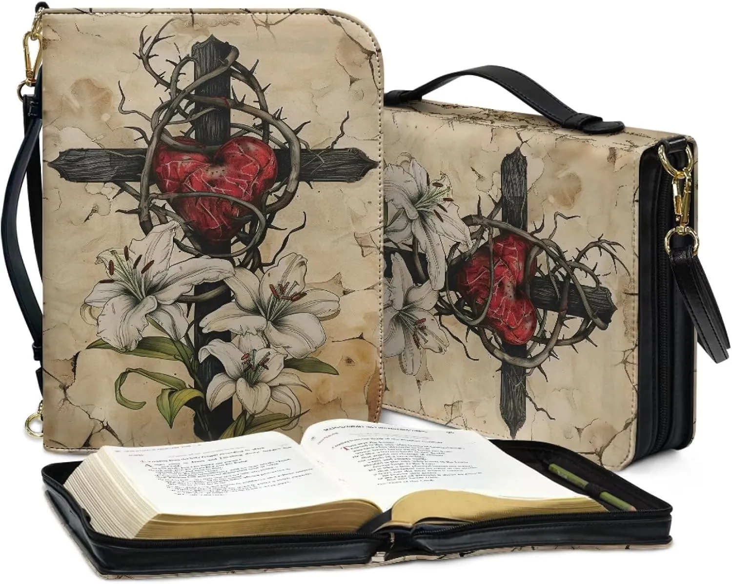 Heart Thorns Cross Womens Bible Covers PU Leather Bible Bag with Shoulder Straps Water Resistant Scripture Bag Case Bible Carrying Case Book Cover Protector for Bible