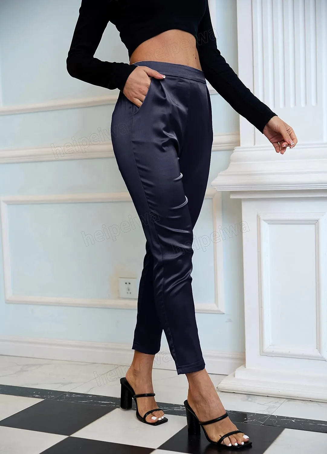 heipeiwa Women's Satin Pants Dress Casual Pleated Pull on High Waist Pants with Pockets