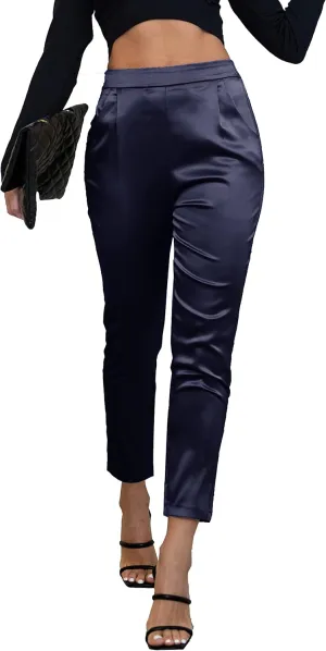 heipeiwa Women's Satin Pants Dress Casual Pleated Pull on High Waist Pants with Pockets