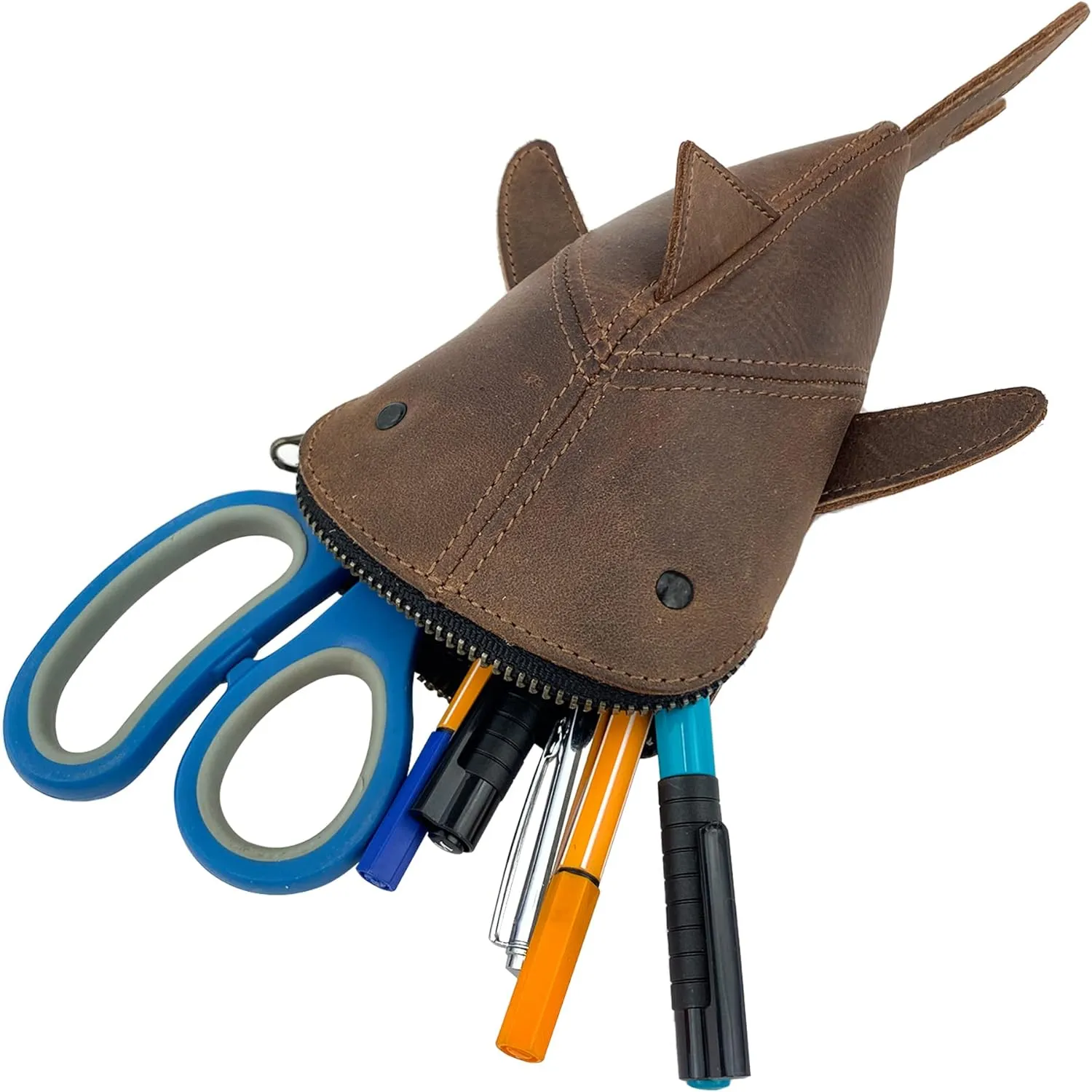 Hide & Drink, Zippered Coin Pouch, Shark Shaped Case, Stuffed Animal, Bank, Change Bag, Pencil Purse, Shark Shaped Cable Holder, Full Grain Leather, Handmade Wallet, Bourbon Brown