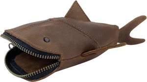 Hide & Drink, Zippered Coin Pouch, Shark Shaped Case, Stuffed Animal, Bank, Change Bag, Pencil Purse, Shark Shaped Cable Holder, Full Grain Leather, Handmade Wallet, Bourbon Brown