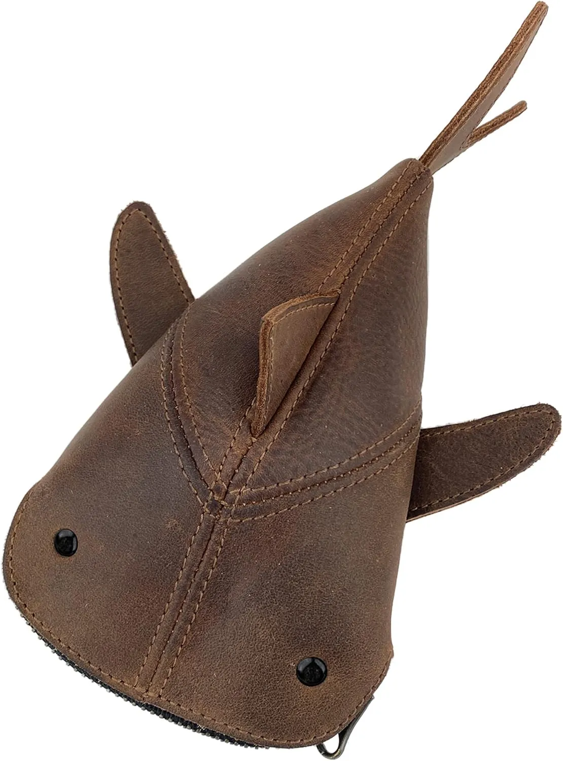 Hide & Drink, Zippered Coin Pouch, Shark Shaped Case, Stuffed Animal, Bank, Change Bag, Pencil Purse, Shark Shaped Cable Holder, Full Grain Leather, Handmade Wallet, Bourbon Brown