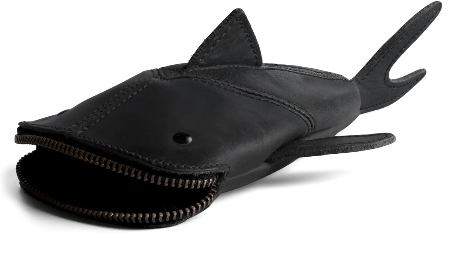 Hide & Drink, Zippered Coin Pouch, Shark Shaped Case, Stuffed Animal, Bank, Change Bag, Pencil Purse, Shark Shaped Cable Holder, Full Grain Leather, Handmade Wallet, Charcoal Black