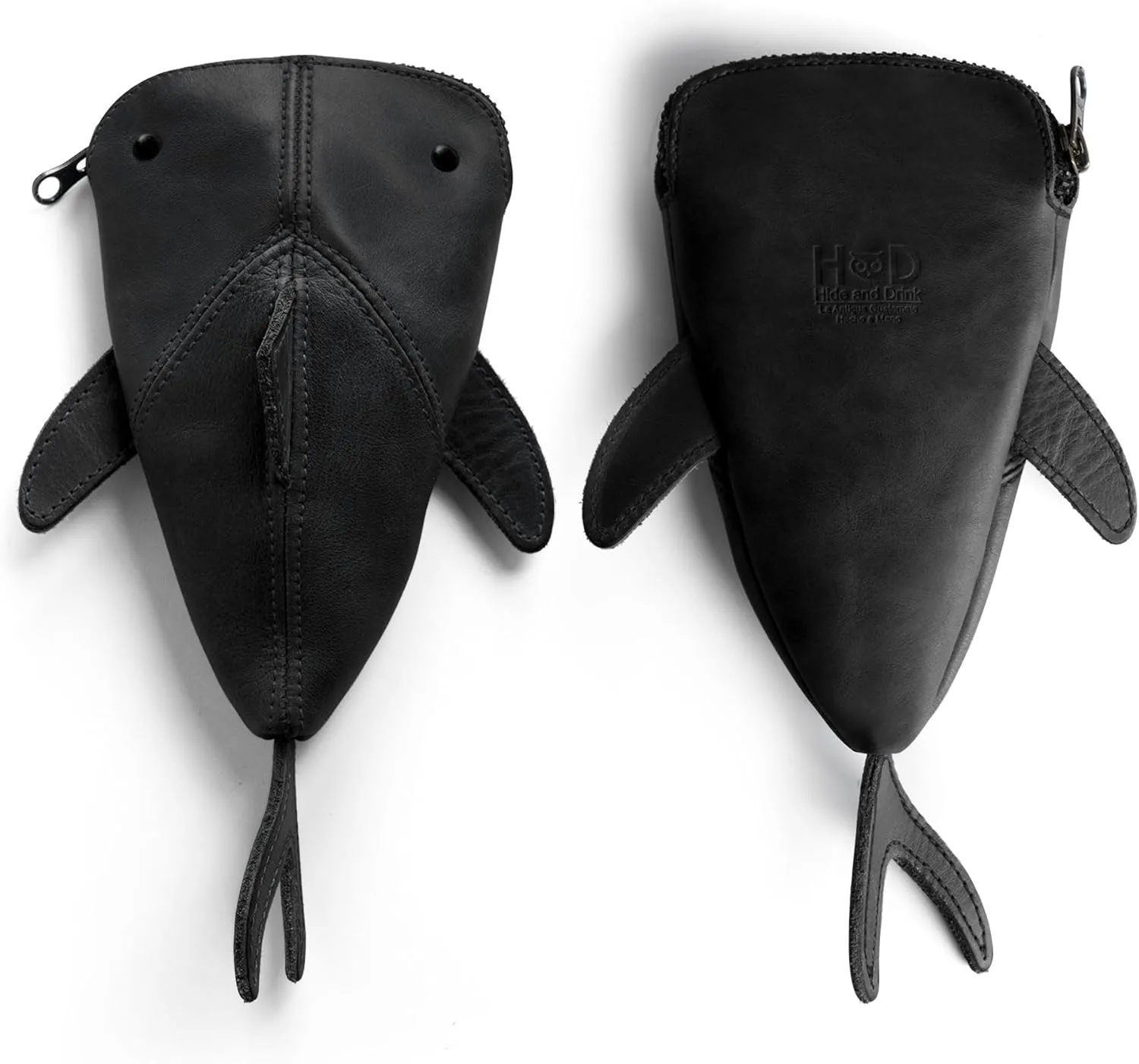 Hide & Drink, Zippered Coin Pouch, Shark Shaped Case, Stuffed Animal, Bank, Change Bag, Pencil Purse, Shark Shaped Cable Holder, Full Grain Leather, Handmade Wallet, Charcoal Black