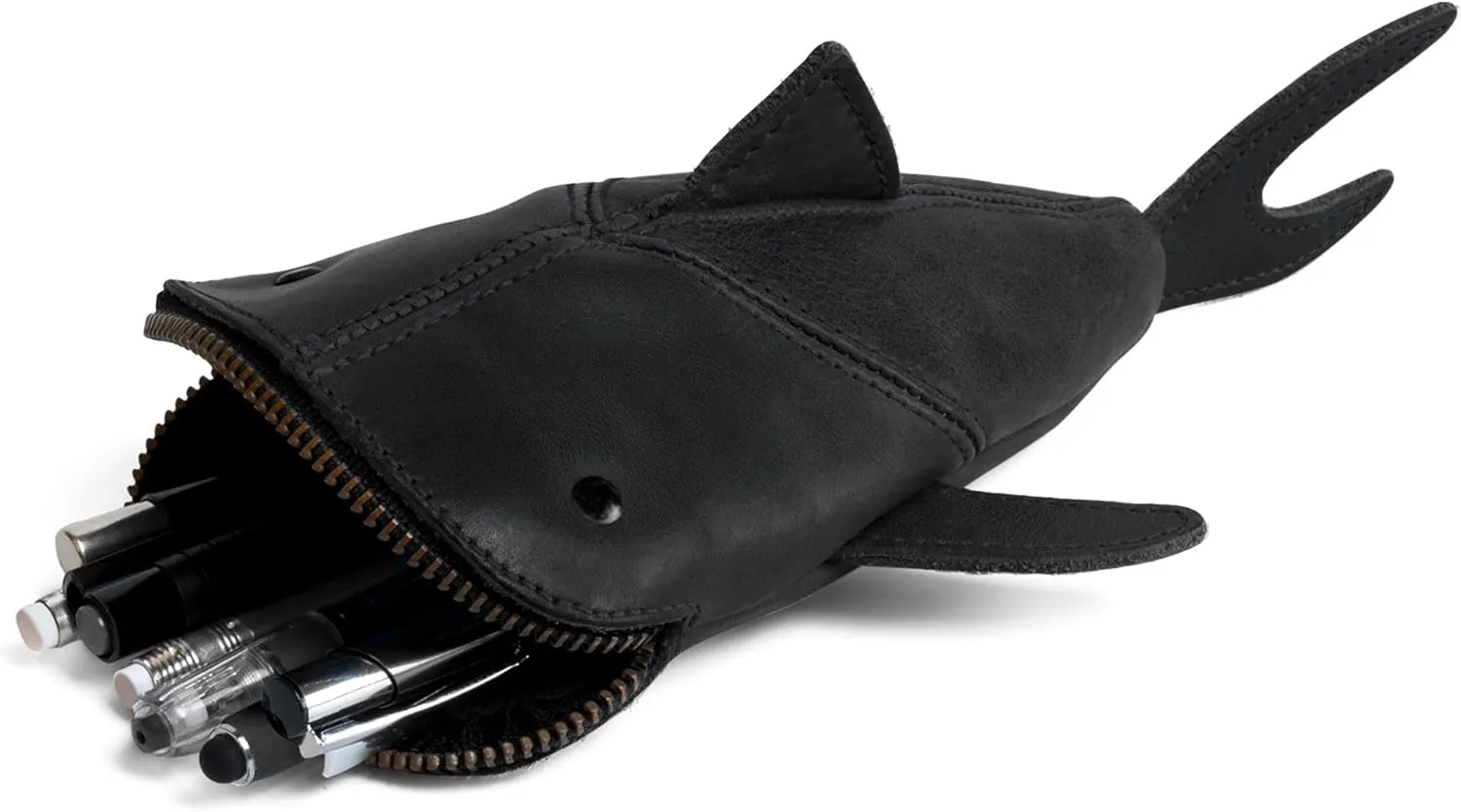 Hide & Drink, Zippered Coin Pouch, Shark Shaped Case, Stuffed Animal, Bank, Change Bag, Pencil Purse, Shark Shaped Cable Holder, Full Grain Leather, Handmade Wallet, Charcoal Black