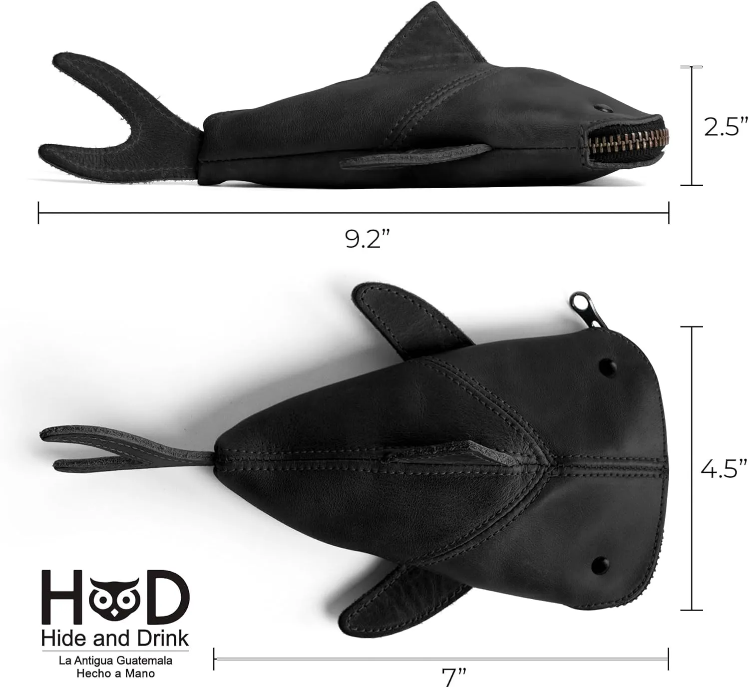 Hide & Drink, Zippered Coin Pouch, Shark Shaped Case, Stuffed Animal, Bank, Change Bag, Pencil Purse, Shark Shaped Cable Holder, Full Grain Leather, Handmade Wallet, Charcoal Black