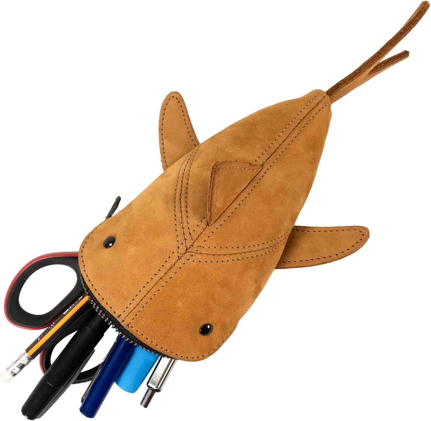Hide & Drink, Zippered Coin Pouch, Shark Shaped Case, Stuffed Animal, Bank, Change Bag, Pencil Purse, Shark Shaped Cable Holder, Full Grain Leather, Handmade Wallet, Old Tobacco