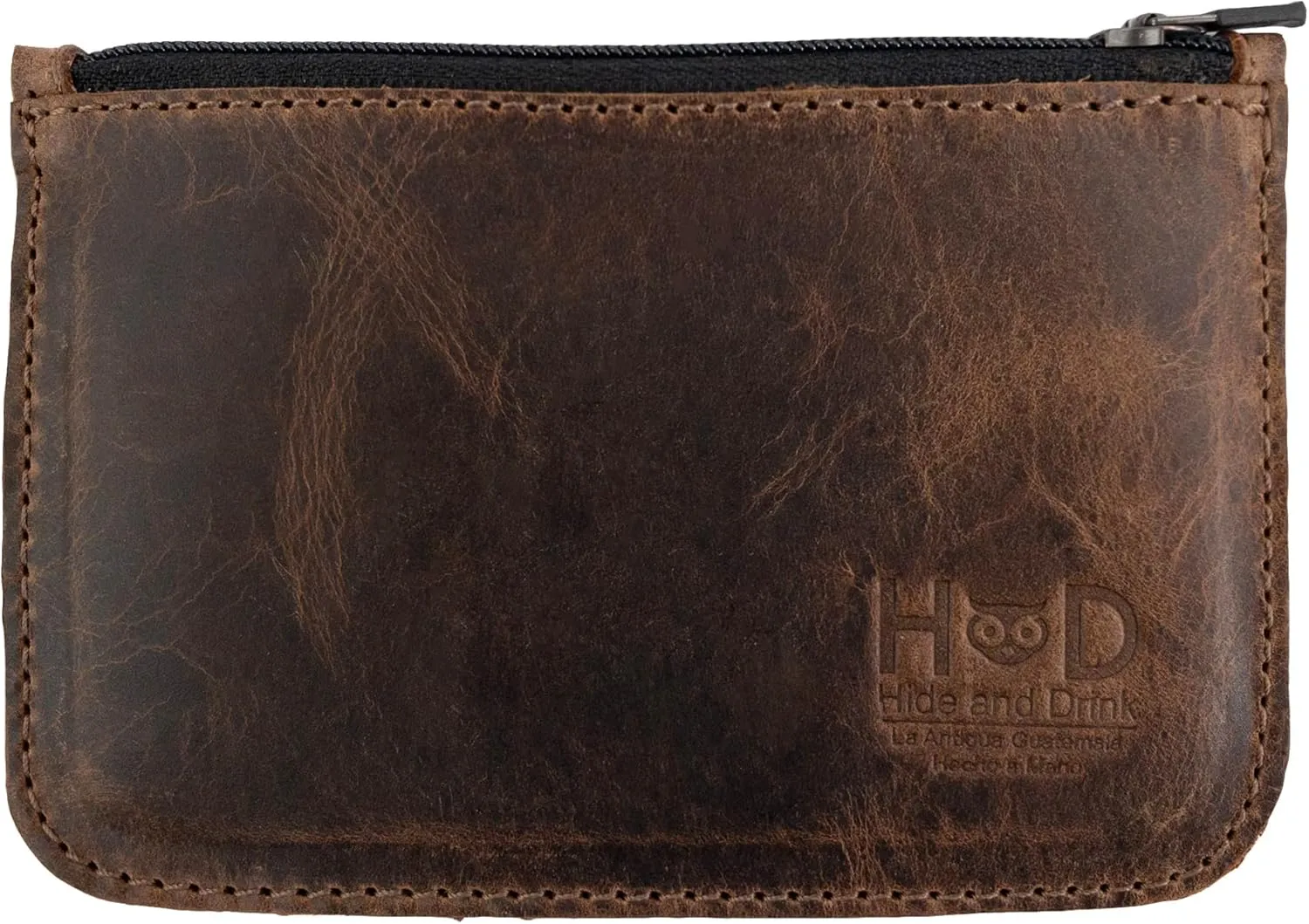 Hide & Drink, Zippered Wallet, Card Case, Folded Bills Storage, Coin Organizer, Travel Accessories, Full Grain Leather, Handmade, Bourbon Brown