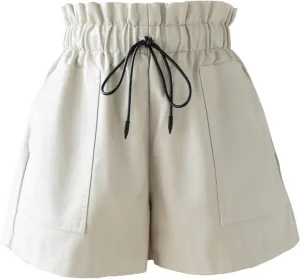High Waisted Wide Leg Black Faux Leather Shorts for Women