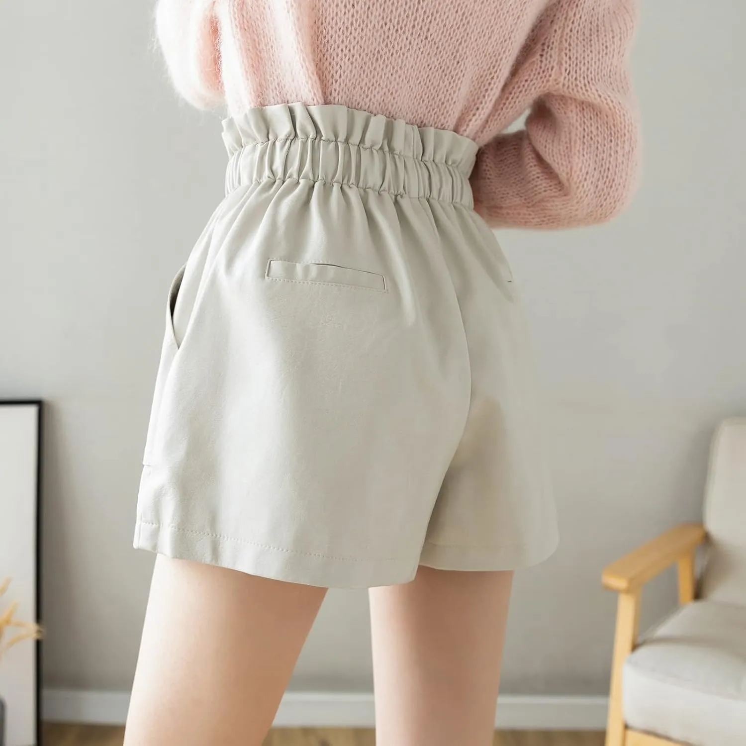High Waisted Wide Leg Black Faux Leather Shorts for Women