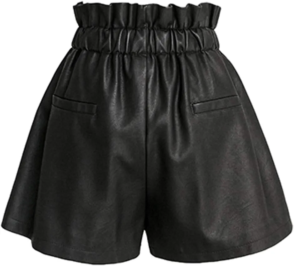 High Waisted Wide Leg Black Faux Leather Shorts for Women