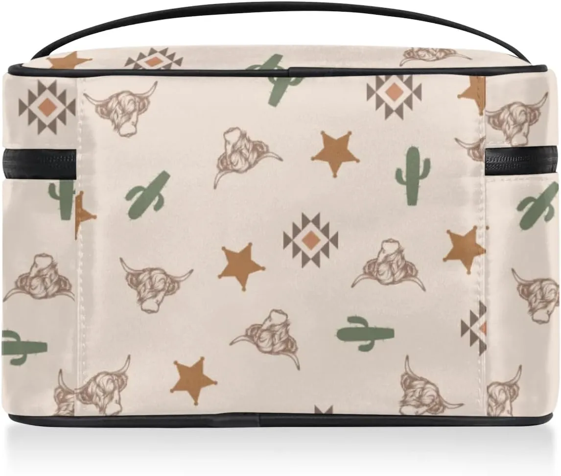 Highland Cow Makeup Bag, Western Cactus Travel Cosmetic Bag for Women Girls Large Capacity Make Up Case Cosmetic Organizer Toiletry Bag Zipper Pouch