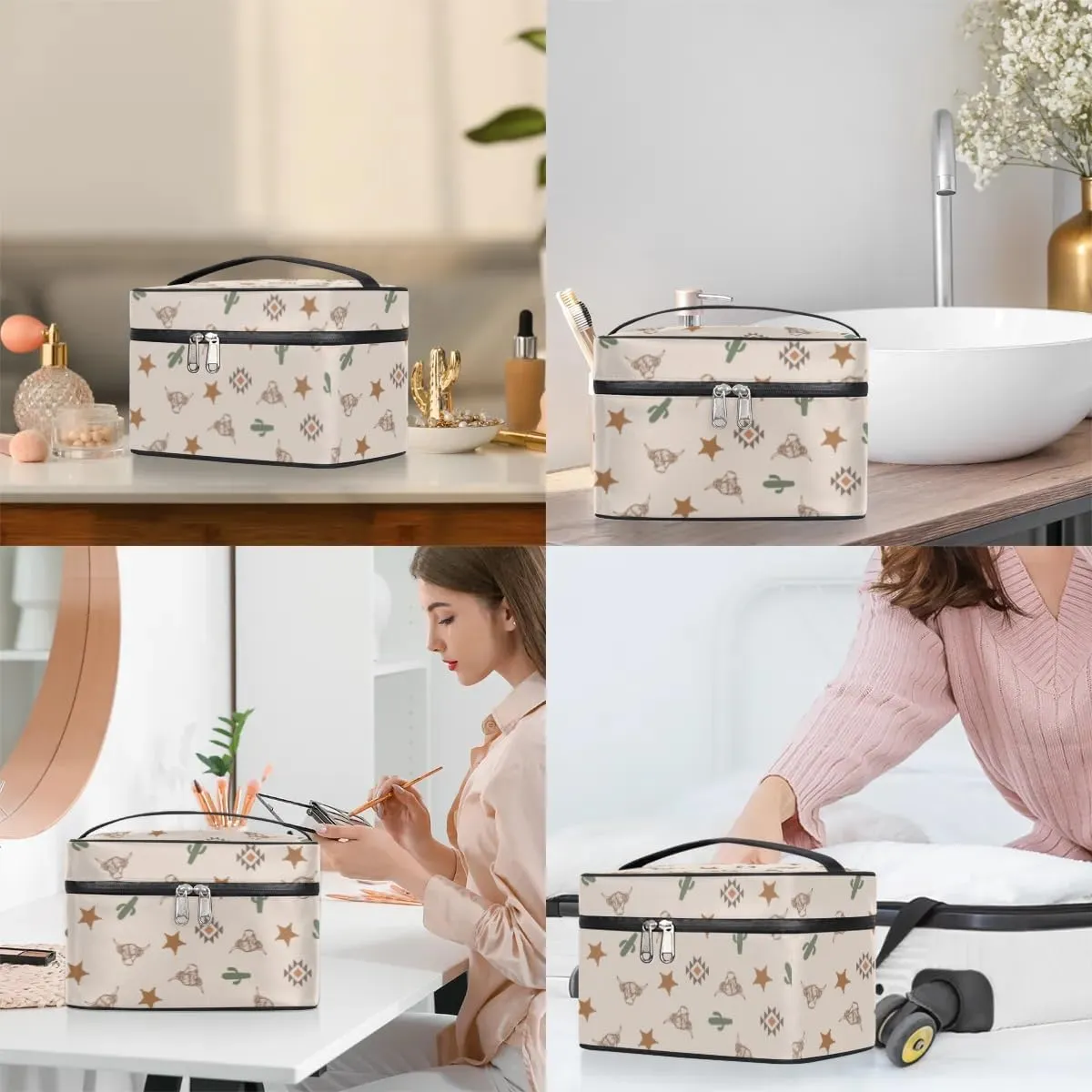 Highland Cow Makeup Bag, Western Cactus Travel Cosmetic Bag for Women Girls Large Capacity Make Up Case Cosmetic Organizer Toiletry Bag Zipper Pouch