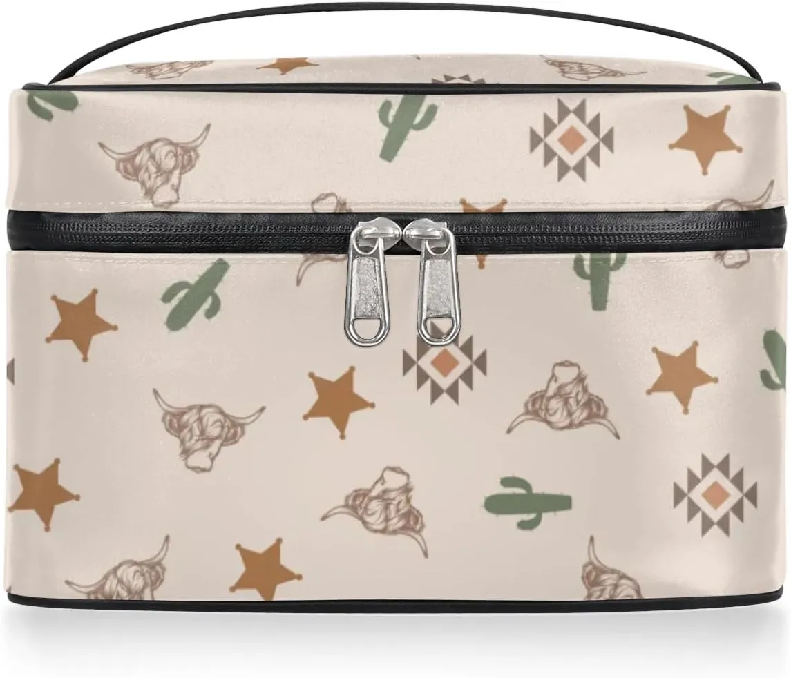 Highland Cow Makeup Bag, Western Cactus Travel Cosmetic Bag for Women Girls Large Capacity Make Up Case Cosmetic Organizer Toiletry Bag Zipper Pouch