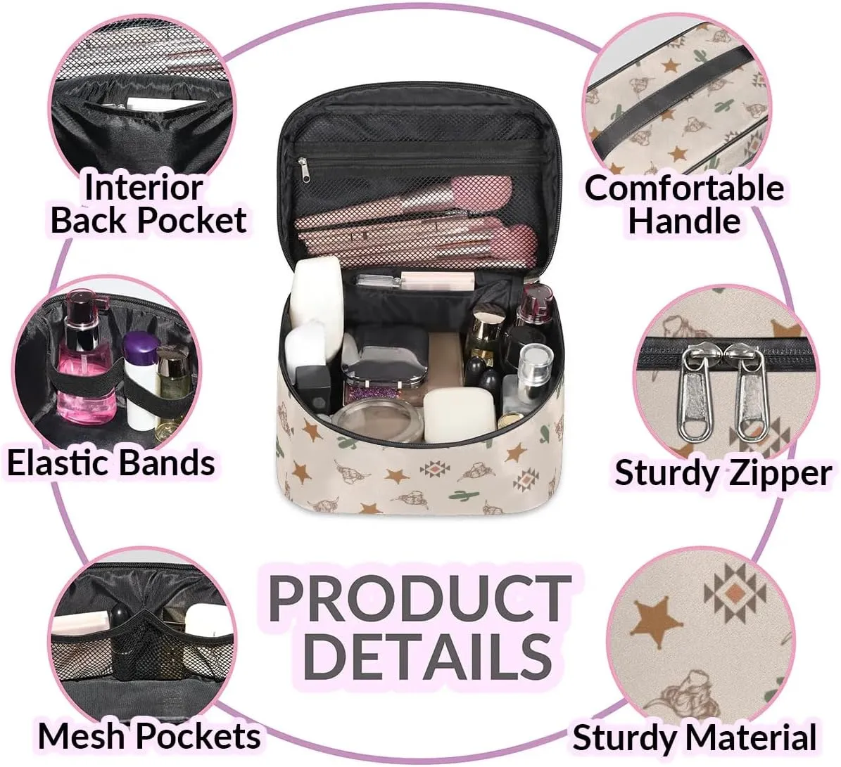 Highland Cow Makeup Bag, Western Cactus Travel Cosmetic Bag for Women Girls Large Capacity Make Up Case Cosmetic Organizer Toiletry Bag Zipper Pouch