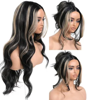 Highlights Synthetic Lace Front Wigs Body Wave Glueless Wigs With Bangs Black Blonde Pre Plucked Pre Cut HD Lace 13x5x1 Middle Part Wigs For Woman 26 Inch