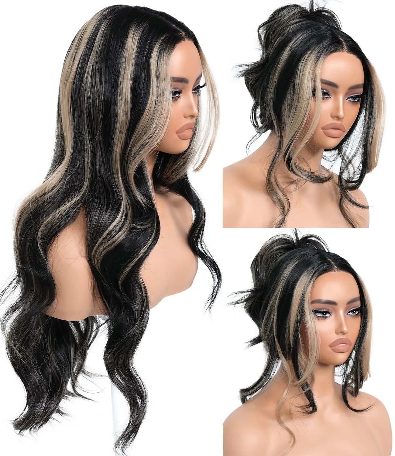 Highlights Synthetic Lace Front Wigs Body Wave Glueless Wigs With Bangs Black Blonde Pre Plucked Pre Cut HD Lace 13x5x1 Middle Part Wigs For Woman 26 Inch