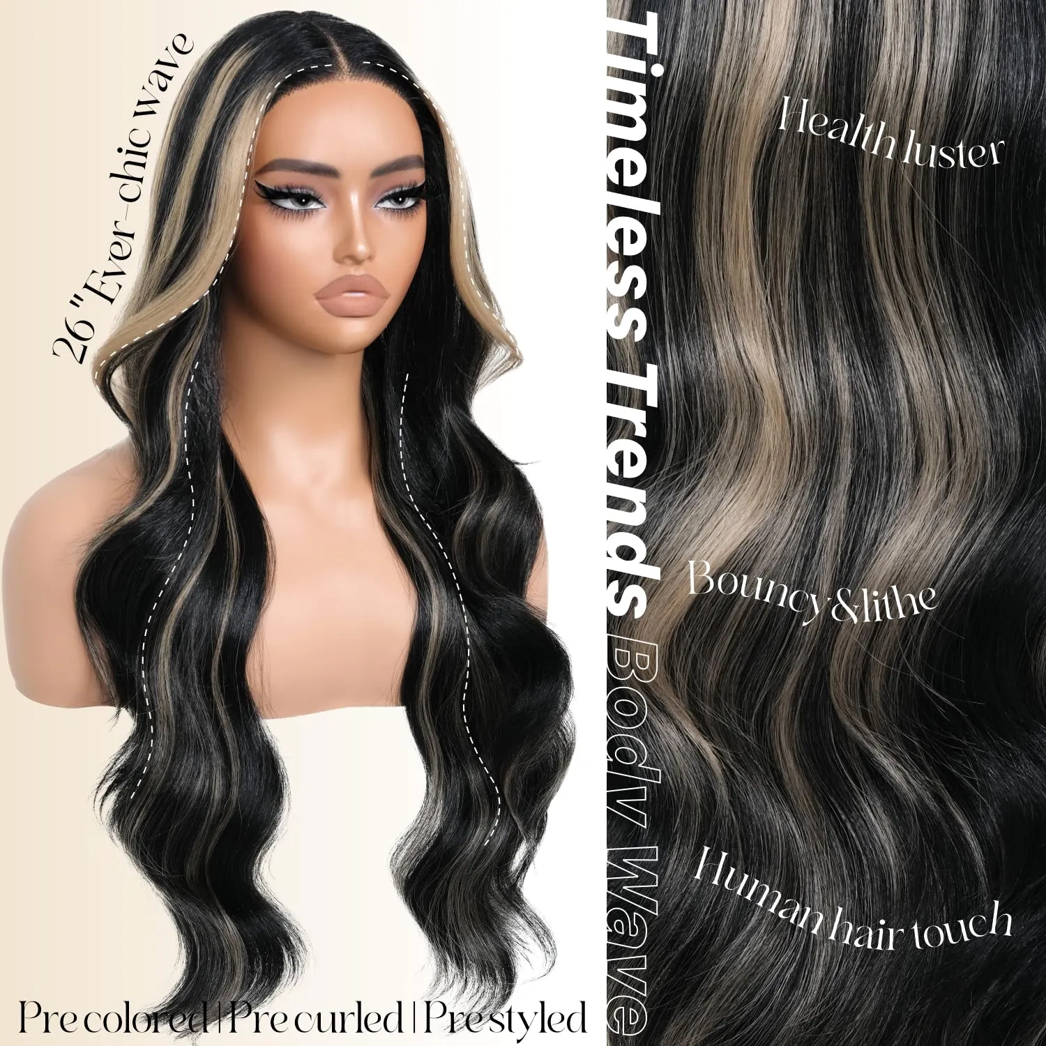 Highlights Synthetic Lace Front Wigs Body Wave Glueless Wigs With Bangs Black Blonde Pre Plucked Pre Cut HD Lace 13x5x1 Middle Part Wigs For Woman 26 Inch