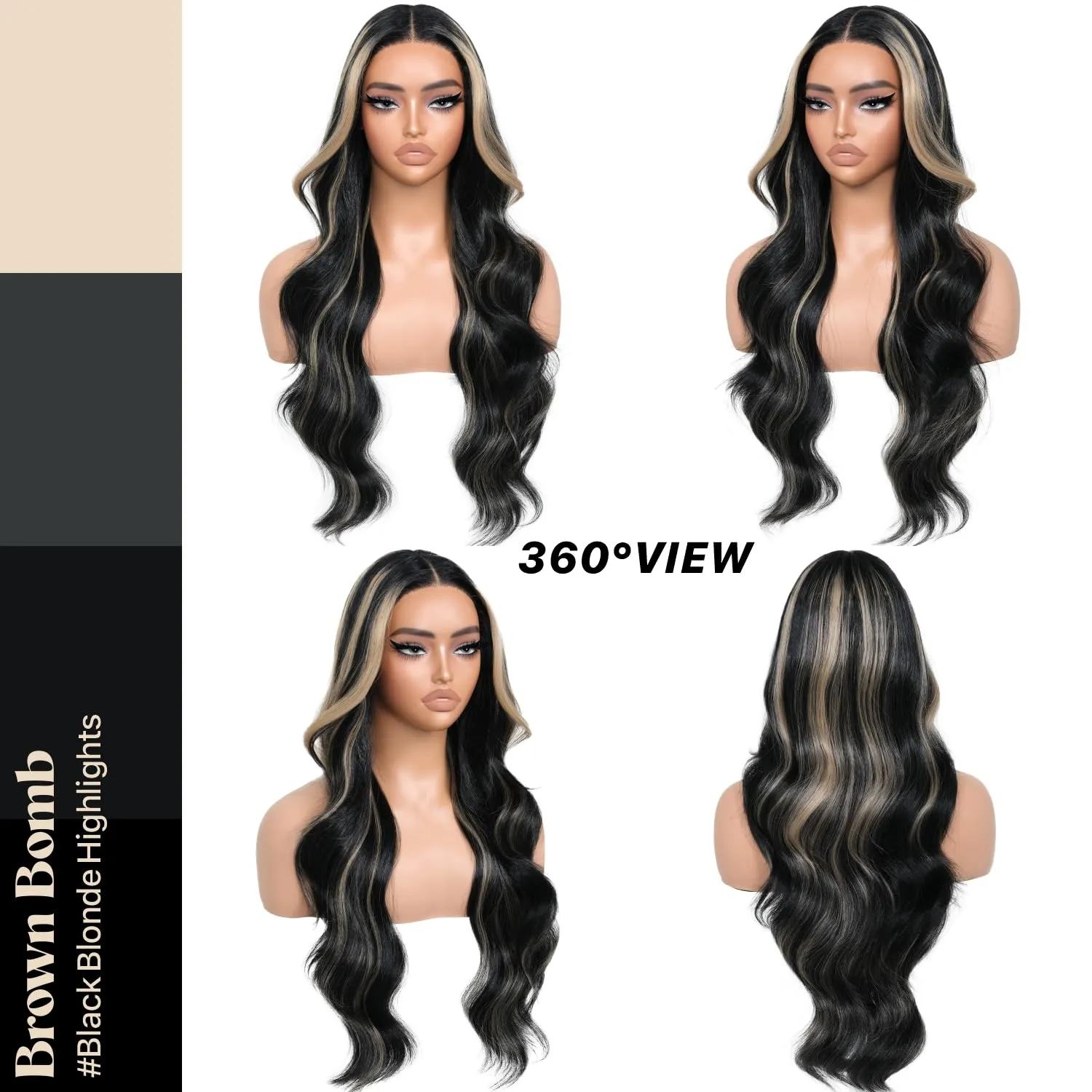 Highlights Synthetic Lace Front Wigs Body Wave Glueless Wigs With Bangs Black Blonde Pre Plucked Pre Cut HD Lace 13x5x1 Middle Part Wigs For Woman 26 Inch