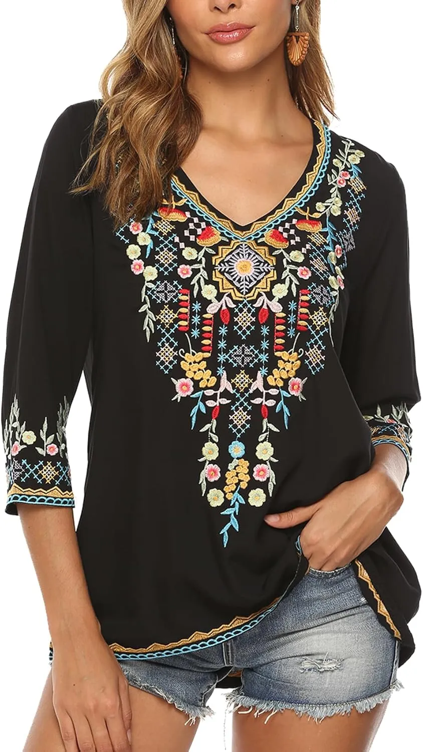 Higustar Mexican Tops for Women Embroidered Shirts Bohemian Hippie Clothes Tunic Fiesta Plus Size Boho Peasant Blouses