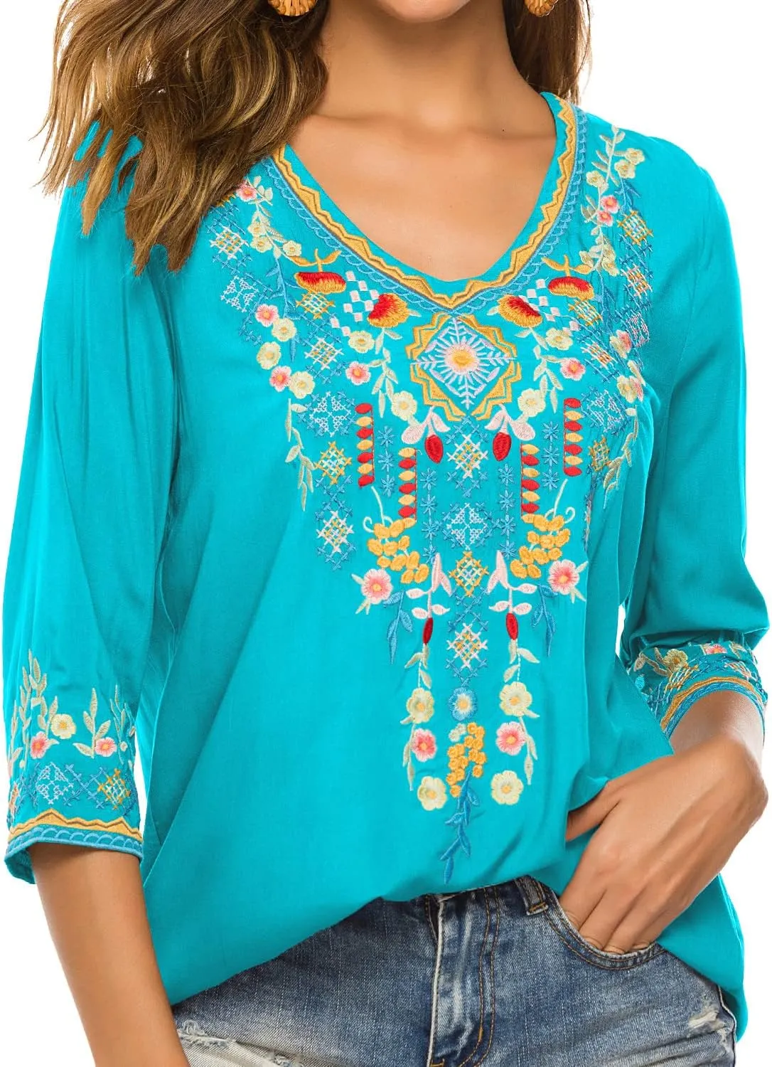 Higustar Mexican Tops for Women Embroidered Shirts Bohemian Hippie Clothes Tunic Fiesta Plus Size Boho Peasant Blouses
