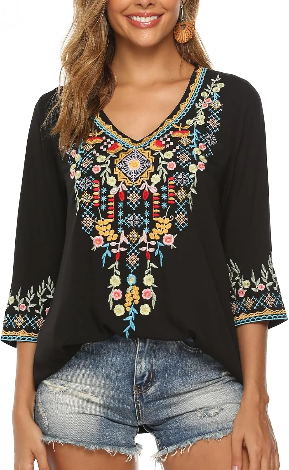 Higustar Mexican Tops for Women Embroidered Shirts Bohemian Hippie Clothes Tunic Fiesta Plus Size Boho Peasant Blouses