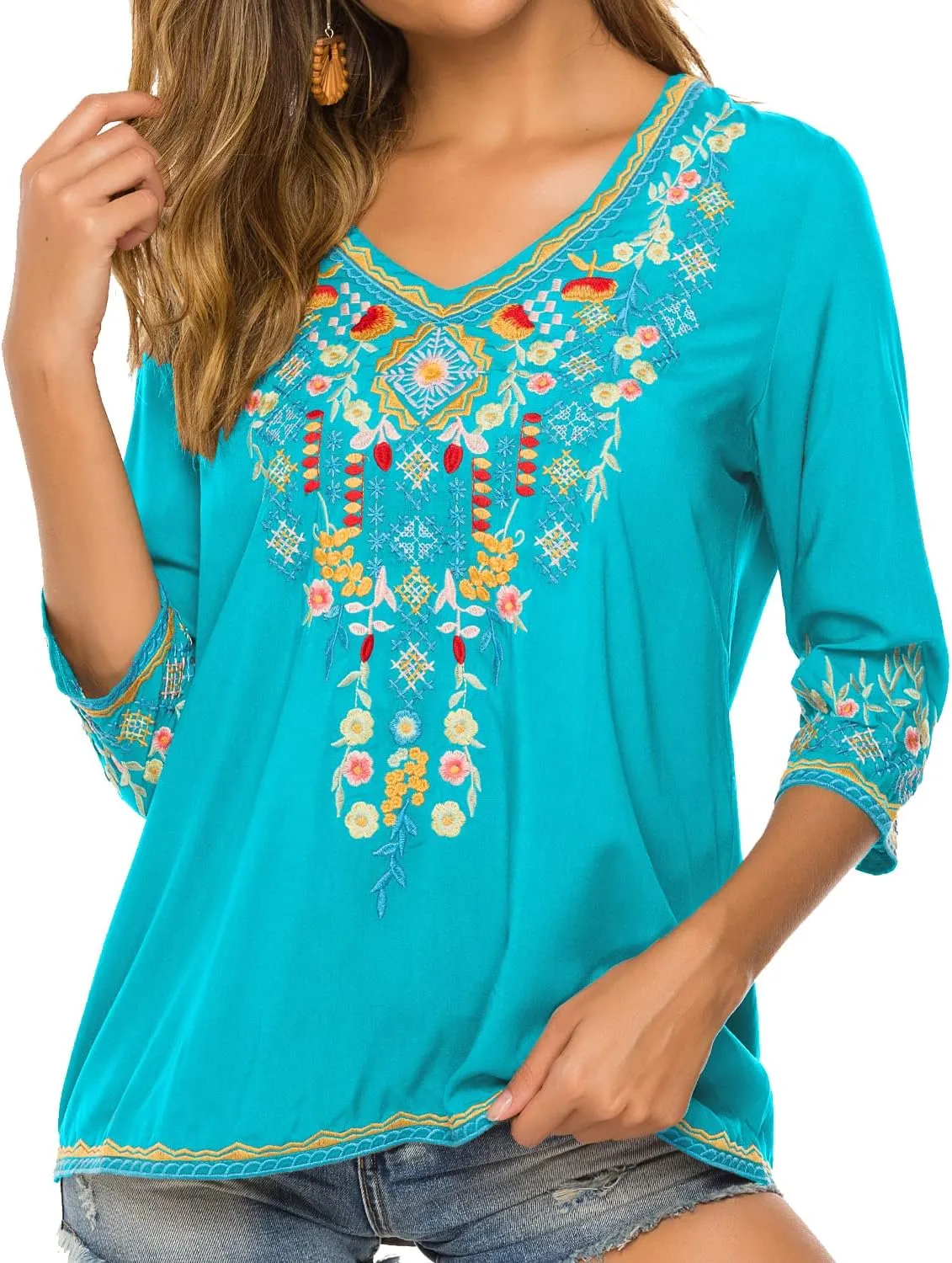 Higustar Mexican Tops for Women Embroidered Shirts Bohemian Hippie Clothes Tunic Fiesta Plus Size Boho Peasant Blouses