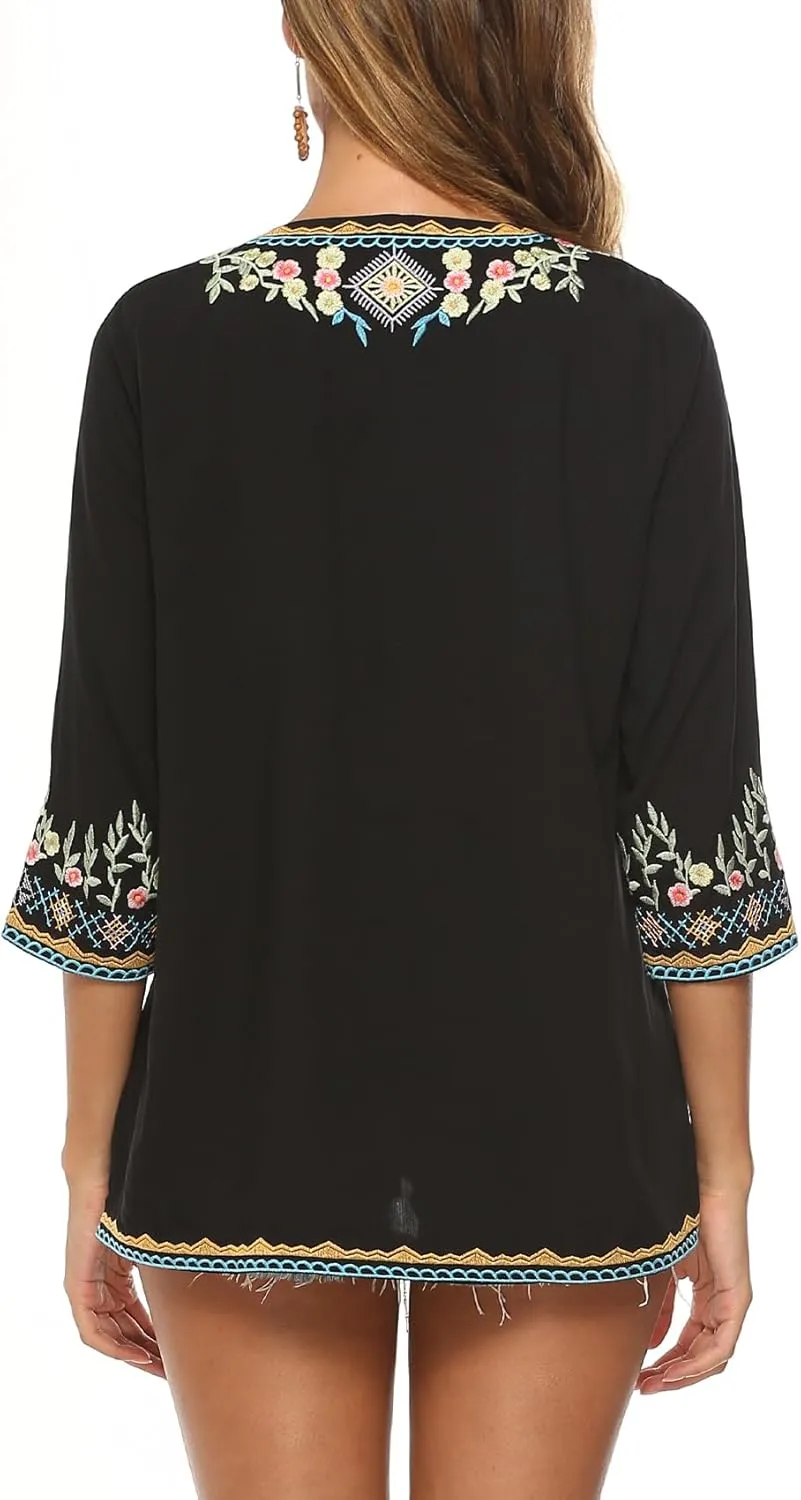 Higustar Mexican Tops for Women Embroidered Shirts Bohemian Hippie Clothes Tunic Fiesta Plus Size Boho Peasant Blouses