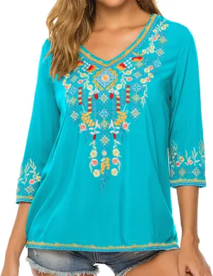 Higustar Mexican Tops for Women Embroidered Shirts Bohemian Hippie Clothes Tunic Fiesta Plus Size Boho Peasant Blouses