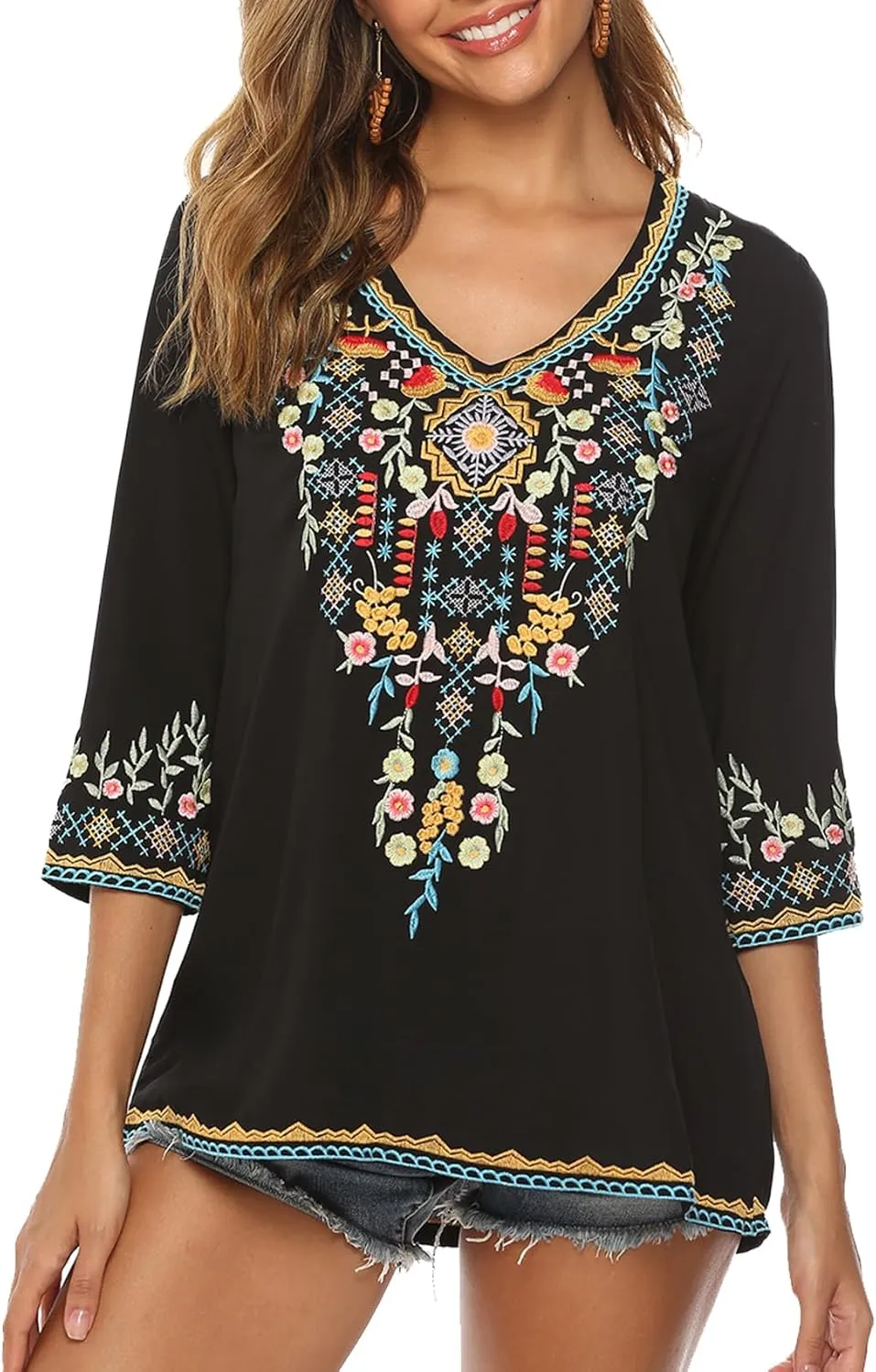 Higustar Mexican Tops for Women Embroidered Shirts Bohemian Hippie Clothes Tunic Fiesta Plus Size Boho Peasant Blouses