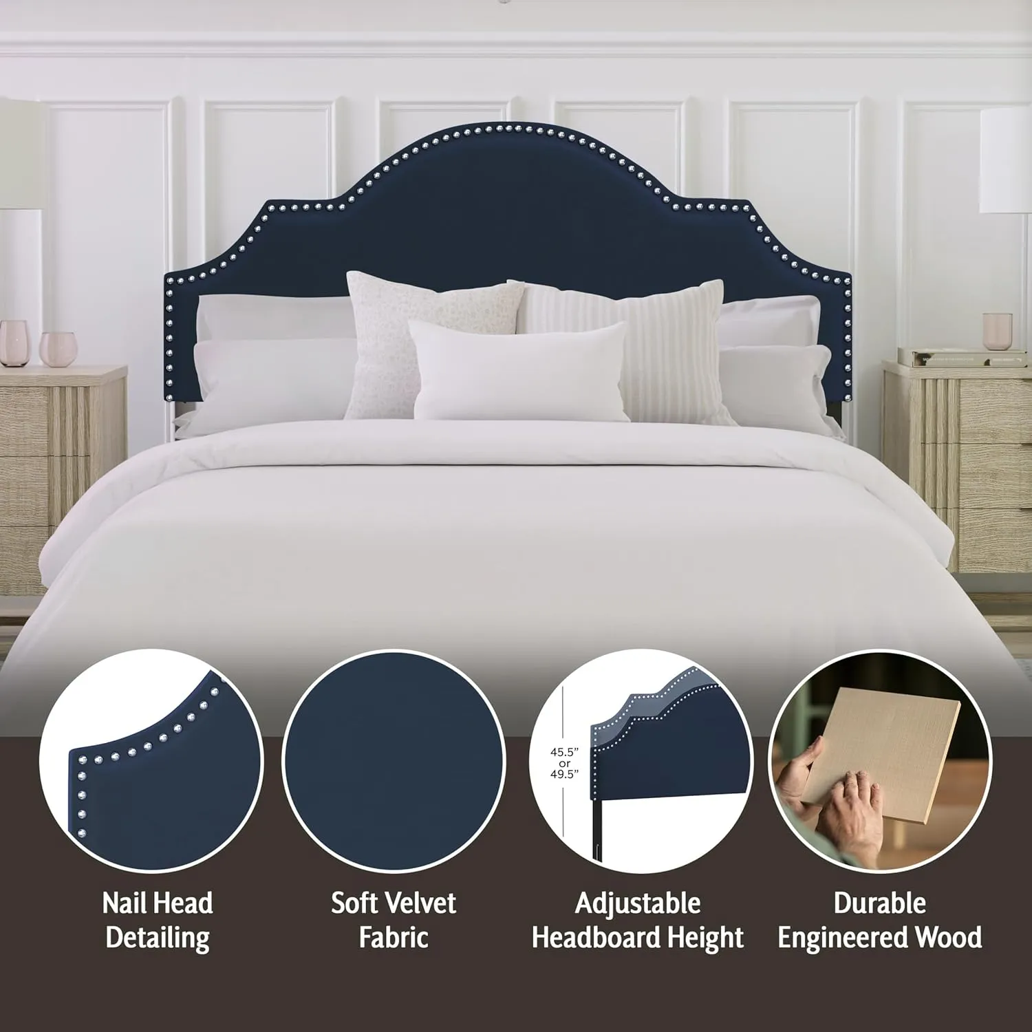 Hillsdale, Cynthia Upholstered Full/Queen Adjustable Headboard, Navy