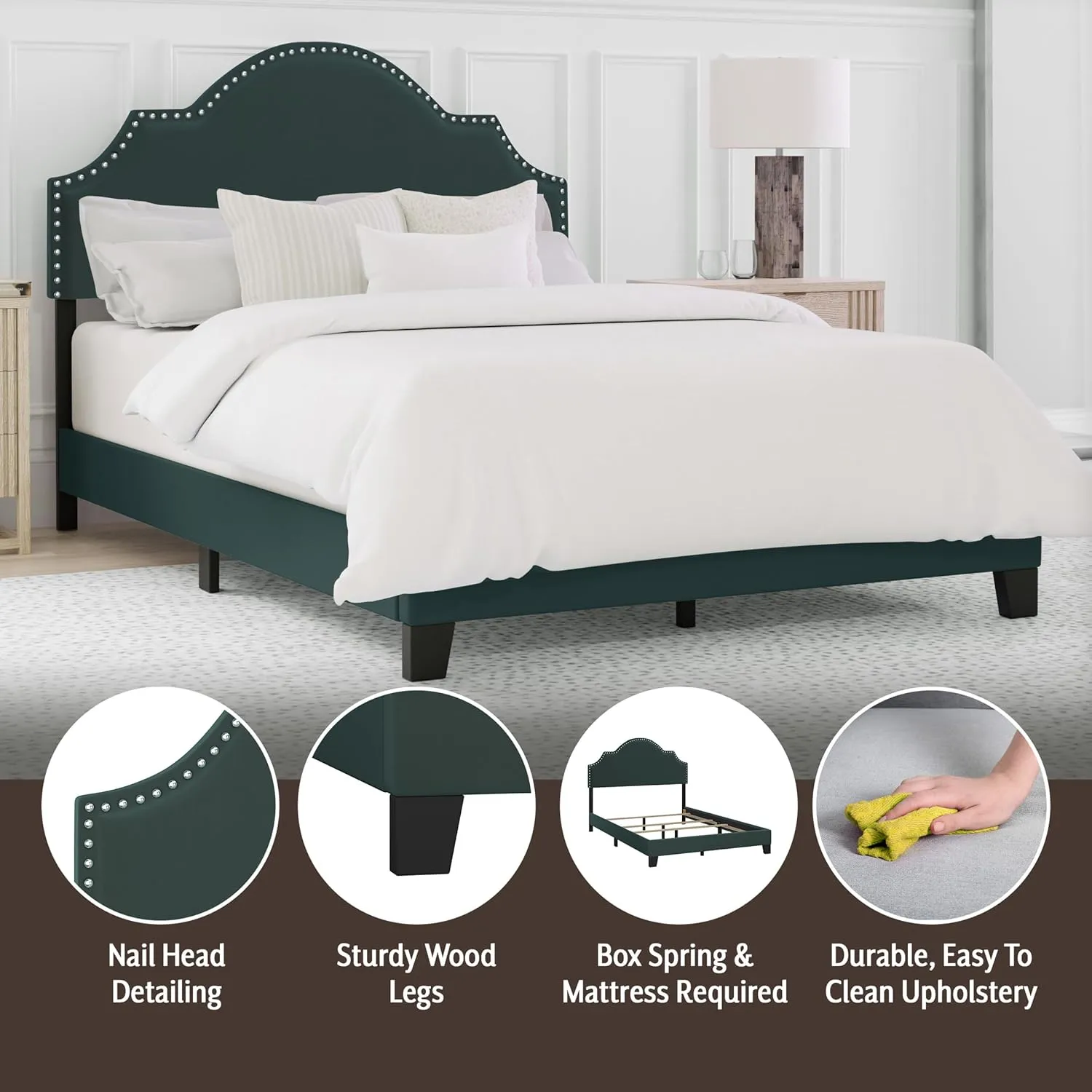 Hillsdale Furniture Cynthia Modern Upholstered Full Bed with Nailhead Headboard, Green