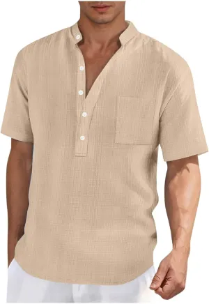 Hippie T-Shirt for Men Solid Color Business Short Sleeve Henley Collar Tees Tops Summer Casual Regular Work Blouse