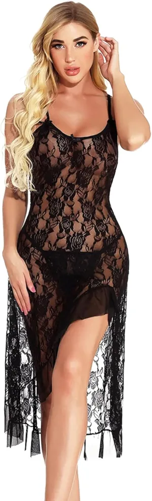 HiSexy Women's Sexy Boudoir Lingerie Set Long Adjustable Strappy Dress See-through Lace Negligee Chemise