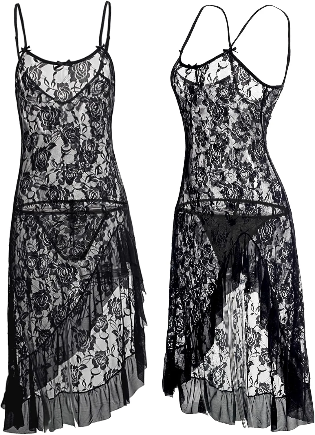 HiSexy Women's Sexy Boudoir Lingerie Set Long Adjustable Strappy Dress See-through Lace Negligee Chemise