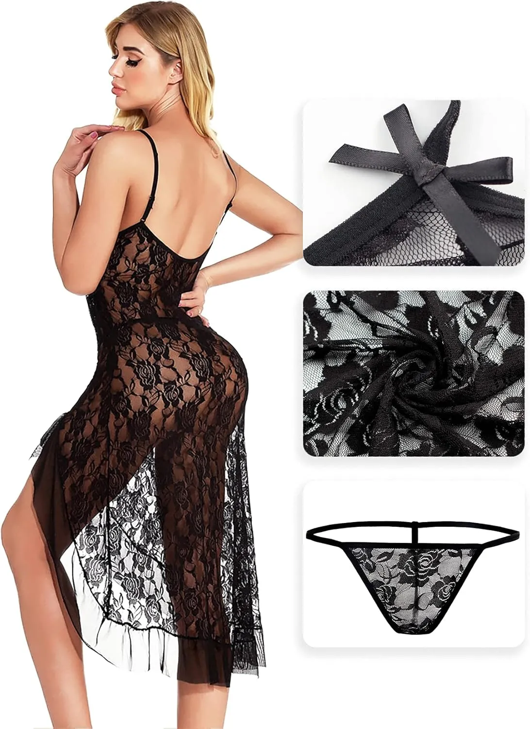 HiSexy Women's Sexy Boudoir Lingerie Set Long Adjustable Strappy Dress See-through Lace Negligee Chemise