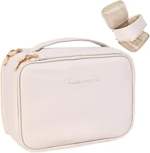 Hivexagon Travel Makeup and Jewelry Organizer Bag Large Capacity Portable PU Leather Cosmetic Bag with Removable Dividers