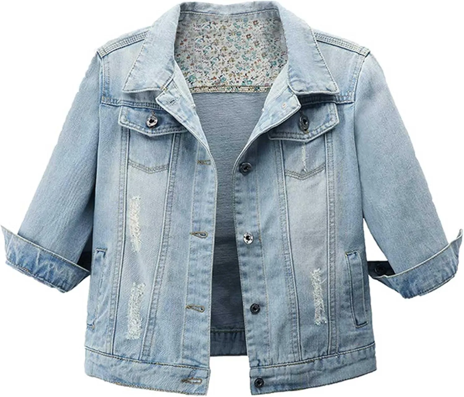 Hixiaohe Women Autumn 3/4 Sleeve Retro Short Denim Jackets Light Blue Jean Coats