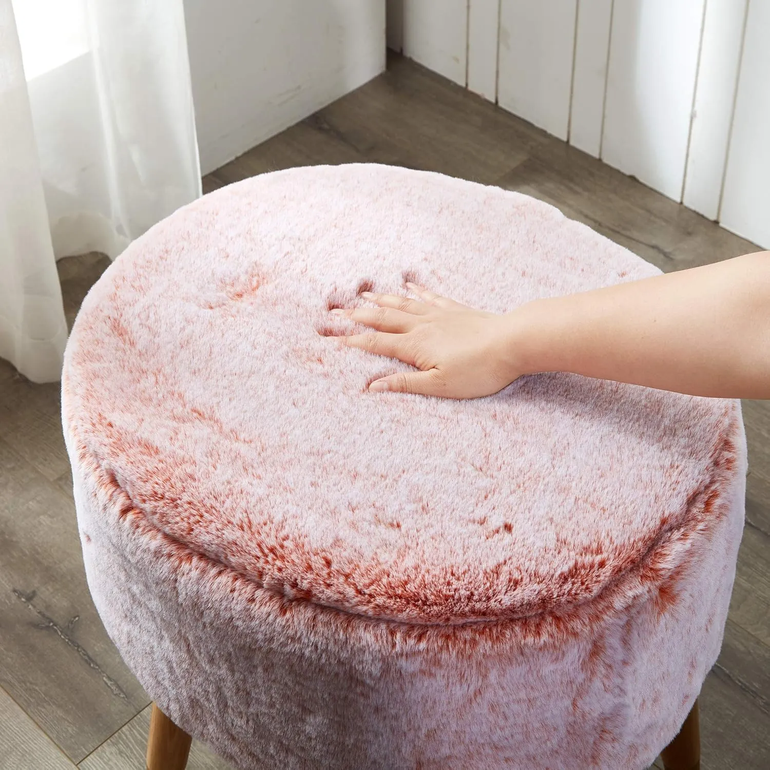 Home Soft Things Heavy Faux Fur Oval Ottoman, 22'' x 18'' x 18'', Burnt Orange, Super Soft Fuzzy Round Makeup Ottoman Bedroom Foot Rest Stool for Living Room Entryway Chair Home Decor