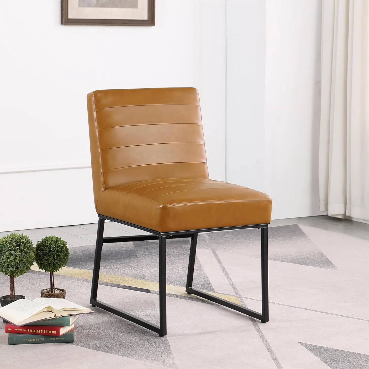 HomePop Channeled Metal Dining Chair Home Décor | Single Pack - Brown Faux Leather