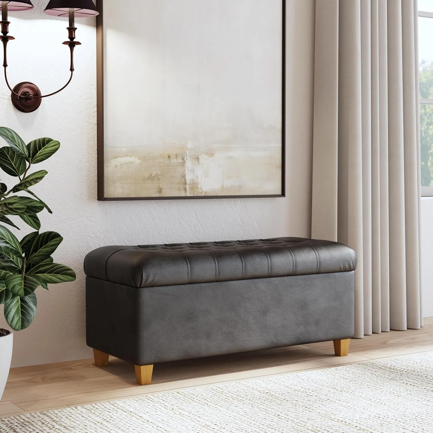 HomePop Home Decor | Button Tufted Storage Bench | Ottoman Bench with Storage for Living Room & Bedroom, Black Faux Leather