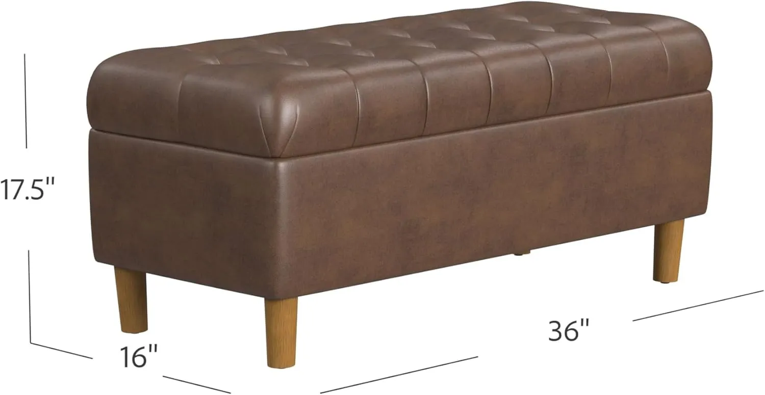 HomePop Home Decor | Tufted Ainsley Button Storage Ottoman Bench with Hinged Lid | Ottoman Bench with Storage for Living Room & Bedroom, Brown Faux Leather