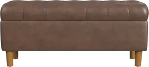 HomePop Home Decor | Tufted Ainsley Button Storage Ottoman Bench with Hinged Lid | Ottoman Bench with Storage for Living Room & Bedroom, Brown Faux Leather