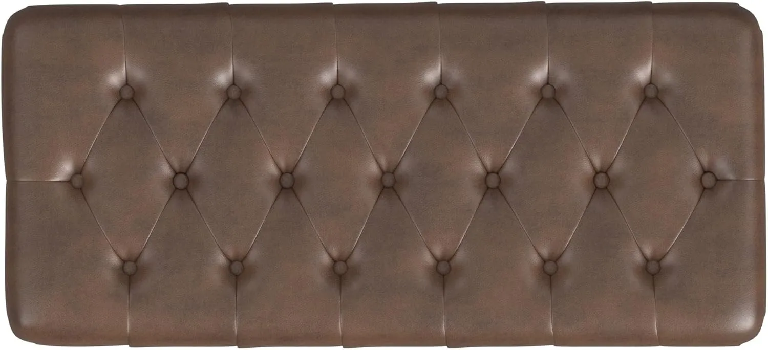 HomePop Home Decor | Tufted Ainsley Button Storage Ottoman Bench with Hinged Lid | Ottoman Bench with Storage for Living Room & Bedroom, Brown Faux Leather