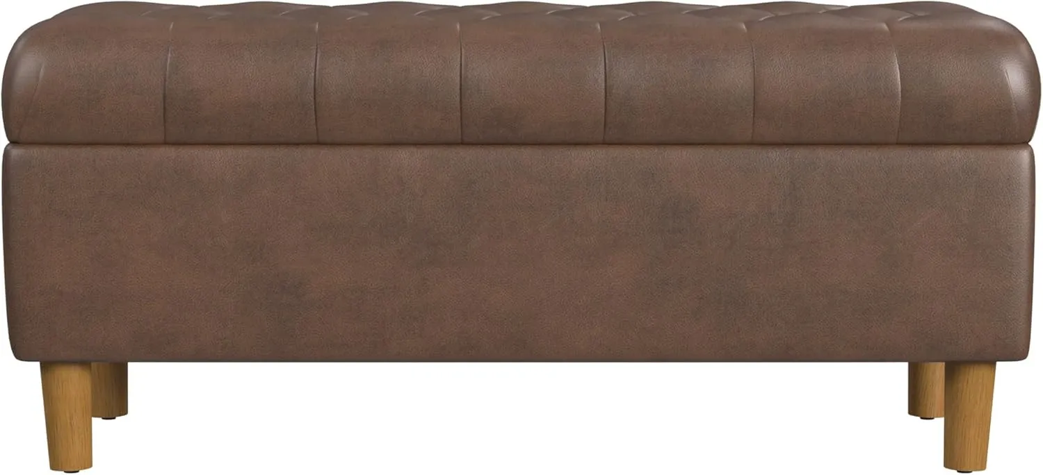HomePop Home Decor | Tufted Ainsley Button Storage Ottoman Bench with Hinged Lid | Ottoman Bench with Storage for Living Room & Bedroom, Brown Faux Leather