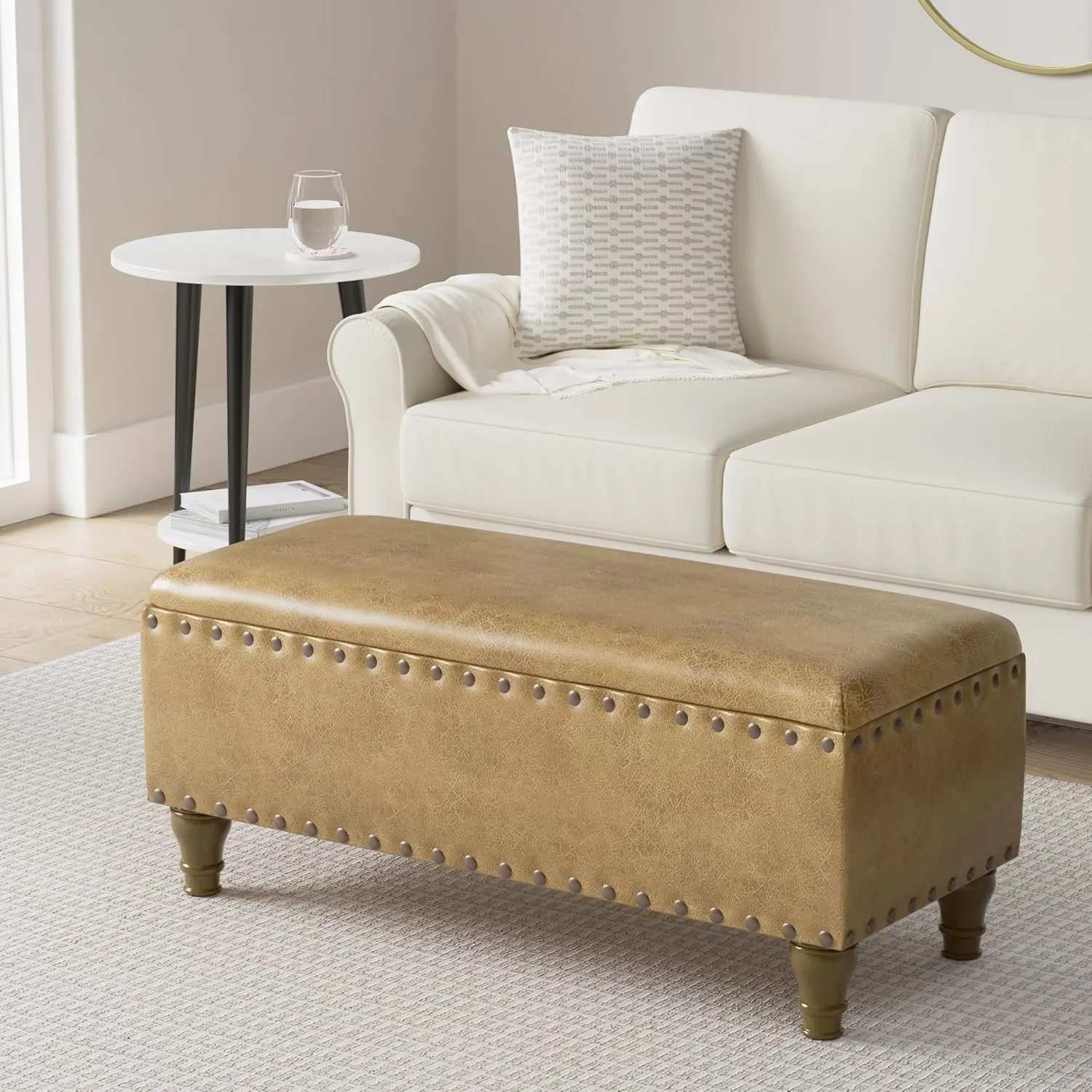 Homepop Home Decor | Upholstered Bench with Nailhead Trim | Large Faux Leather Ottoman with Storage for Living Room & Bedroom | Decorative Home Furniture, Brown Faux Leather