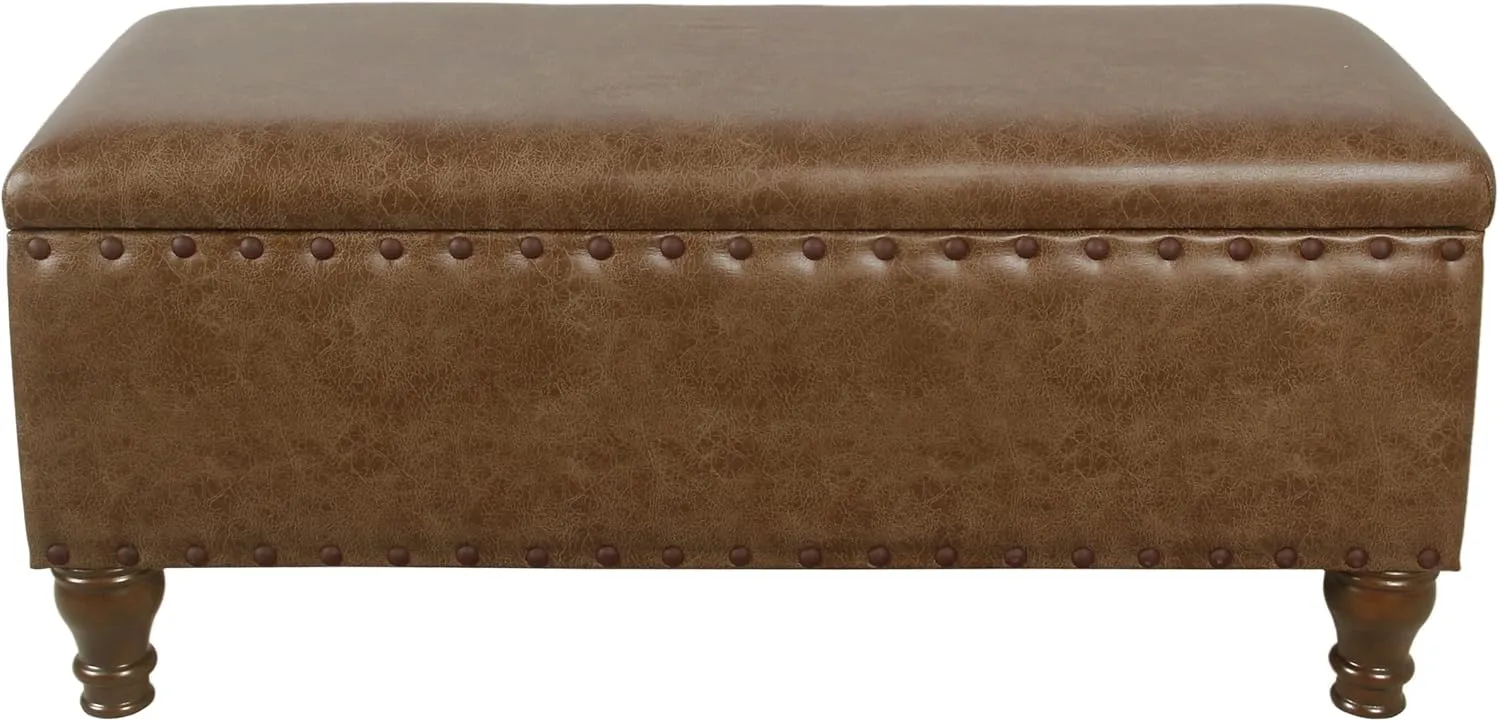 Homepop Home Decor | Upholstered Bench with Nailhead Trim | Large Faux Leather Ottoman with Storage for Living Room & Bedroom | Decorative Home Furniture, Brown Faux Leather
