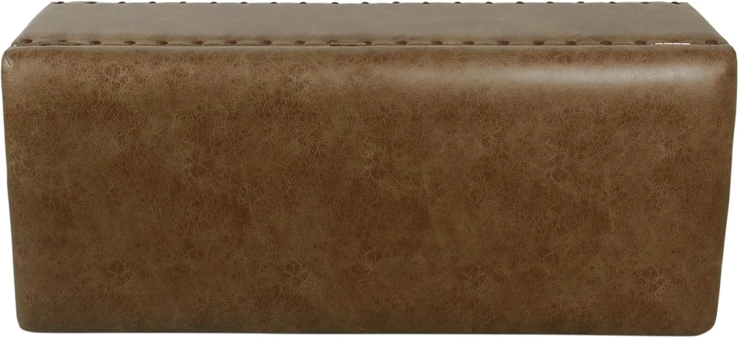 Homepop Home Decor | Upholstered Bench with Nailhead Trim | Large Faux Leather Ottoman with Storage for Living Room & Bedroom | Decorative Home Furniture, Brown Faux Leather